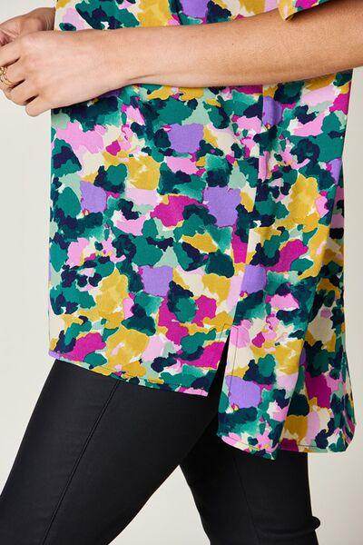 Double Take Full Size Printed V-Neck Short Sleeve Top