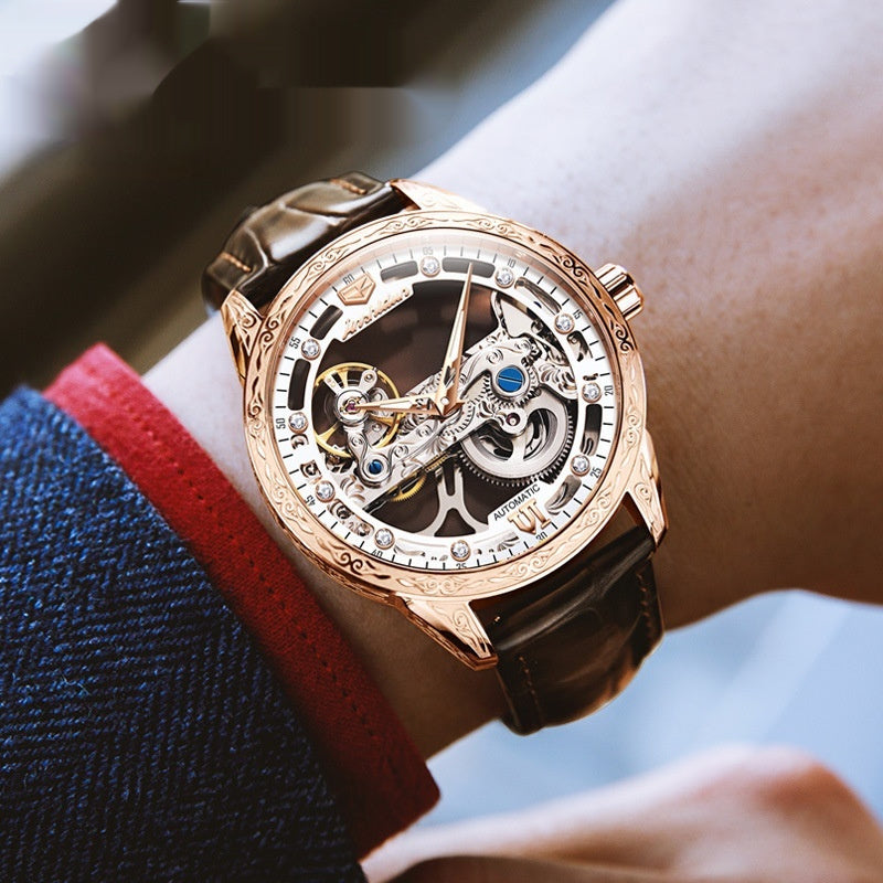 Openwork Mechanical Watch With Waterproof Leather Strap For Men
