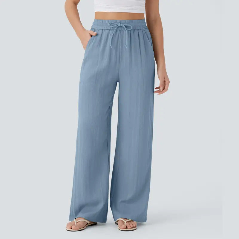 2026 High-Waisted Drawstring Side Pocket Casual Style Linen Flowy Elastic Beach Wide-Leg Pants Women's Cloud Cotton Casual Pants