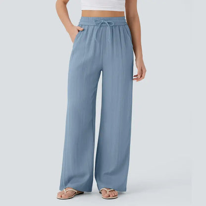 2026 High-Waisted Drawstring Side Pocket Casual Style Linen Flowy Elastic Beach Wide-Leg Pants Women's Cloud Cotton Casual Pants