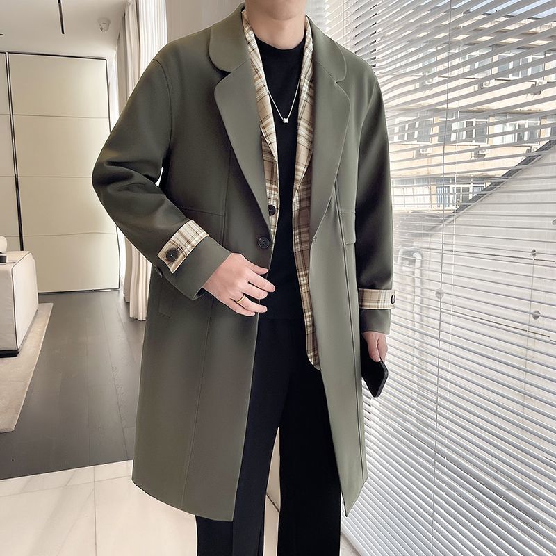 Mens Jacket Plaid Shirt Collar Color-block Patchwork Slim-fit Trench Coat Trendy