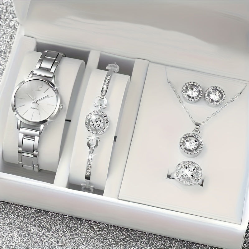 Small Silver Dial With Delicate Steel Strap, Five-piece Set For Women