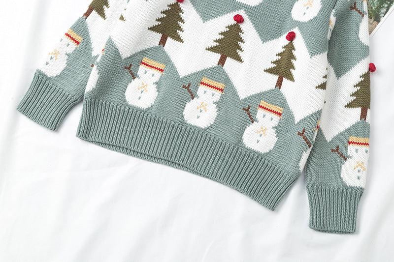 Jacquard Snowman Christmas Tree Parent-child Pullover