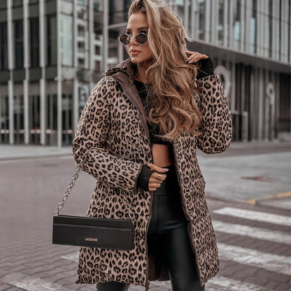 Over-the-knee Cotton-padded Coat With Leopard Print Stylish Outerwear In A Domineering Lady Style