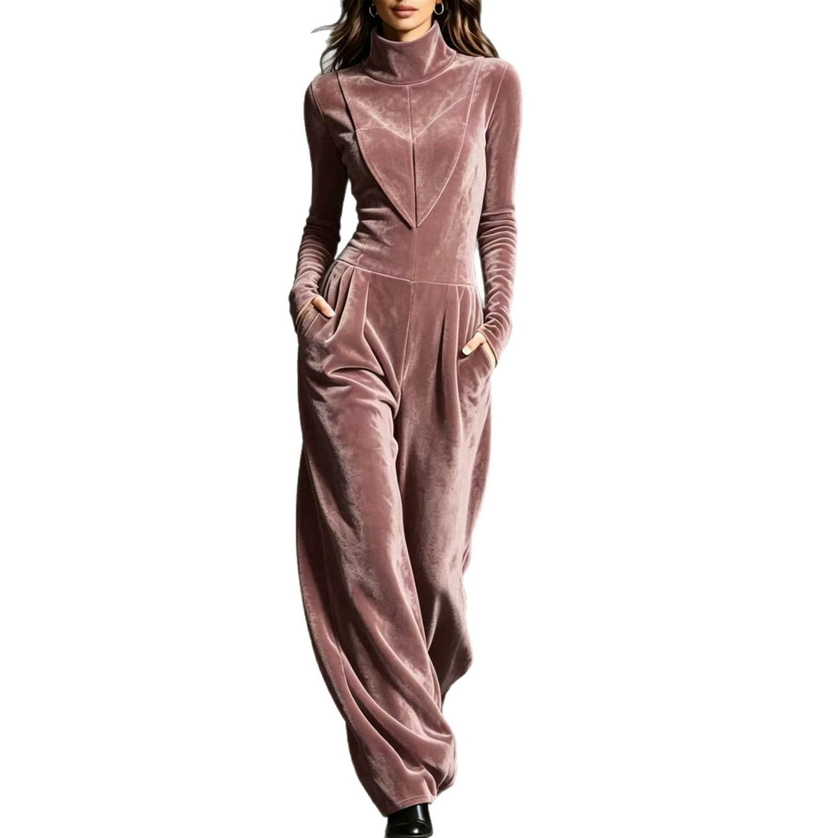 Womens Casual Turtleneck Solid-Color Long-Sleeve Jumpsuit