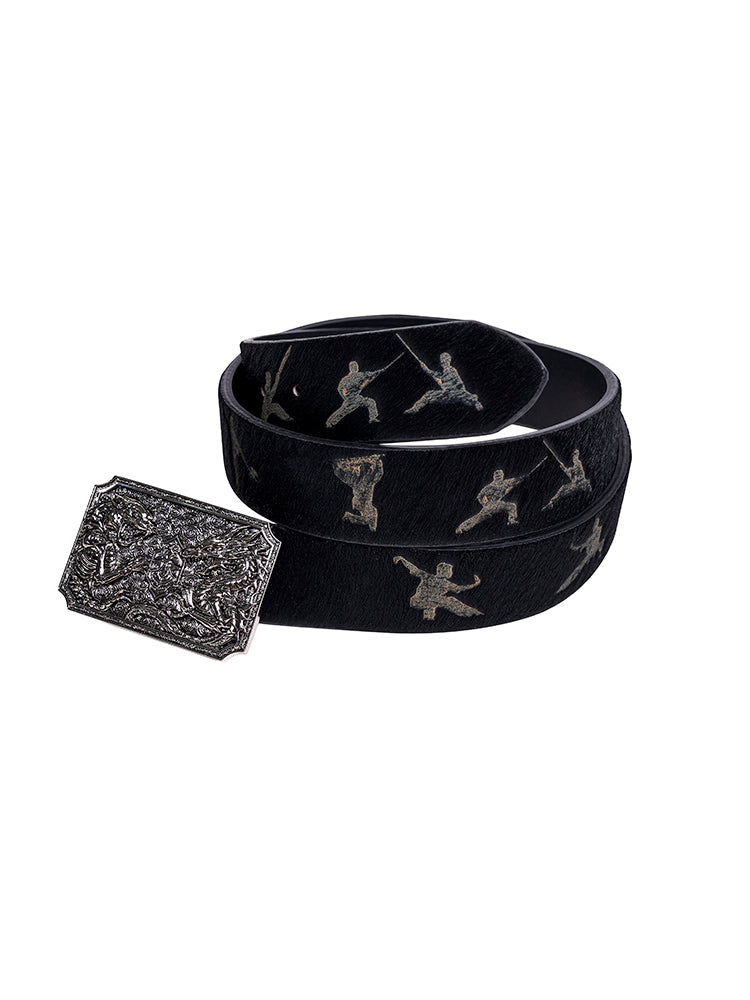 Character Horsehair Carving Double Dragon Metal Buckle Belt