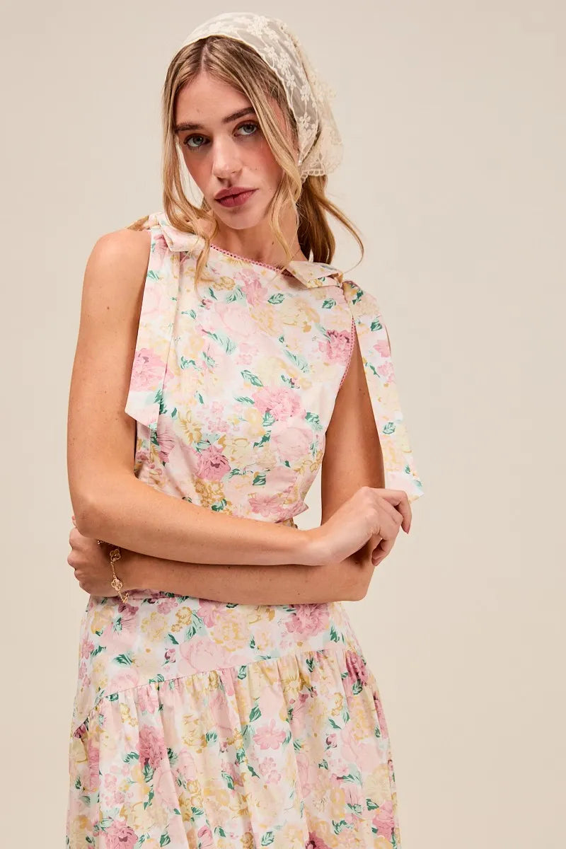 SO ME Floral Printed Woven Shoulder Bow Tie Top and Skirt Set