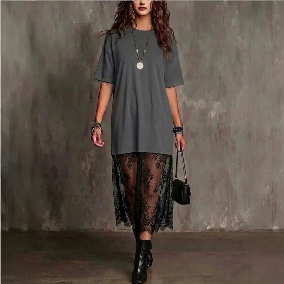 Womens Solid-Color Lace-Patchwork Short-Sleeve Dress