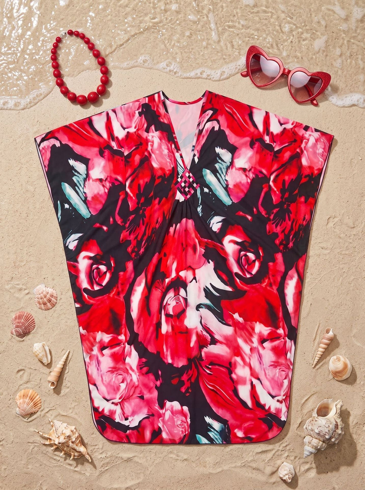 Red Floral Kaftan Beach Outerwear Long Bathing Suit Cover Up Maxi Beach Dress Loungewear