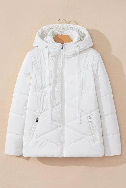 Drawstring Zip Up Long Sleeve Hooded Winter Coat for Women