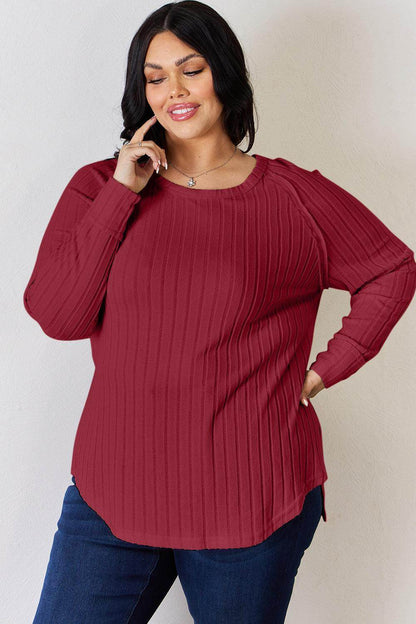 Basic Bae Full Size Ribbed Round Neck Slit T-Shirt for Women