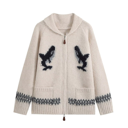 Fashionable Two-Way Zipper Shark Jacquard Embroidered Knit Cardigan