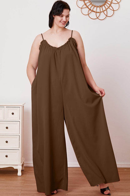 Double Take Full Size Ruffle Trim Tie Back Cami Jumpsuit