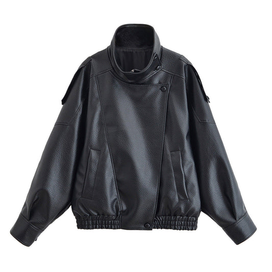 Women's Graceful Stand Collar Wholesale Litchi Leather Jacket