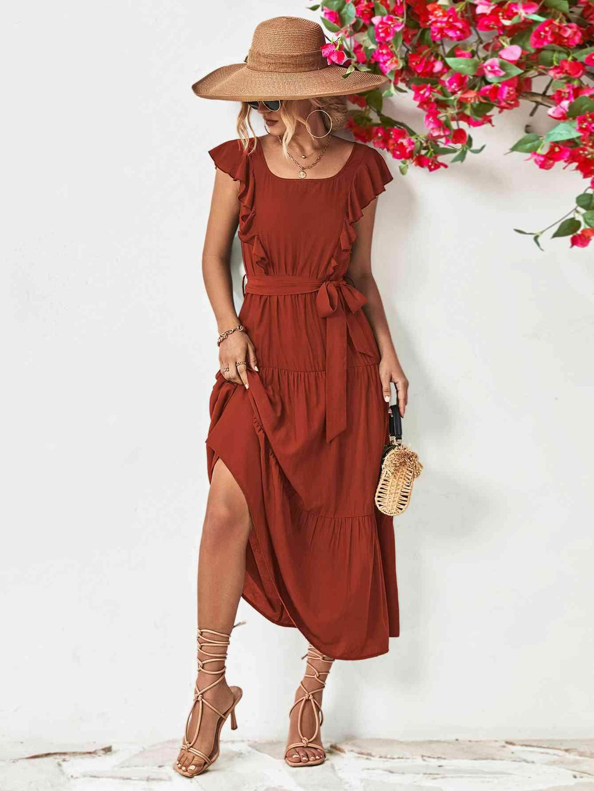 Tie Belt Ruffled Tiered Dress for Chic Midi Style