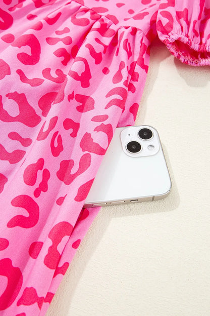 Leopard Tie Front Puff Sleeve Dress