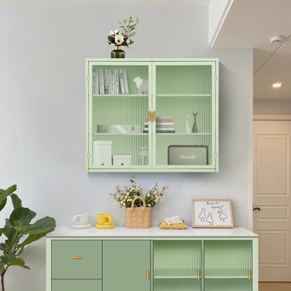 27.56"Glass Doors Modern Two-door Wall Cabinet with Featuring Three-tier Storage Mint Green