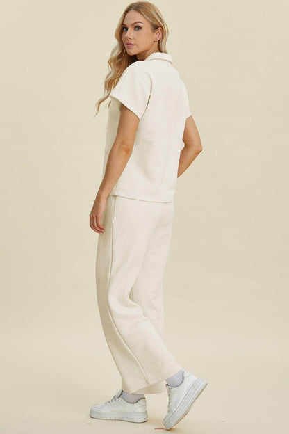 Double Take Full Size Collared Neck Short Sleeve Top Set