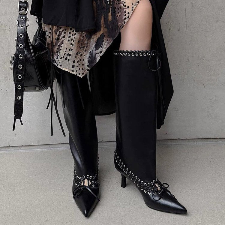 Women's Plus Size Leather Boots New Arrival For Autumn Winter Pointed Toe Thin Heel Stylish Rivet Straps Design