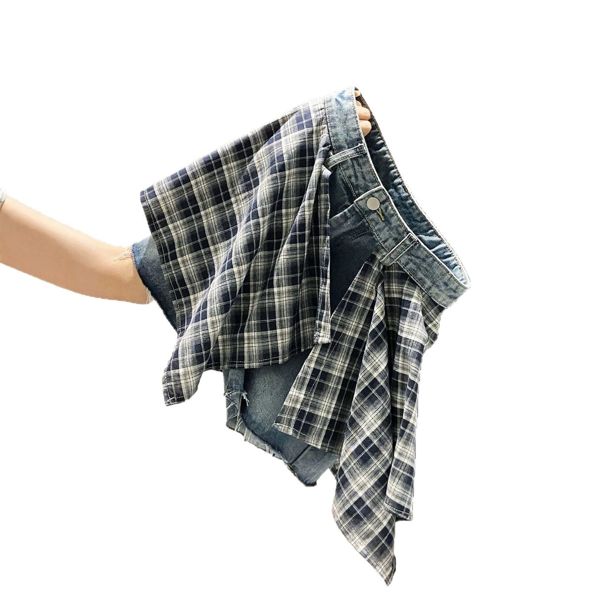 Plaid Patchwork Denim Shorts For Women