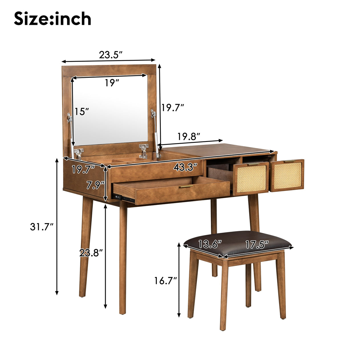 43.3 "Wooden vanity set with flip mirror and stool, three drawers and storage space for dressing table, brown