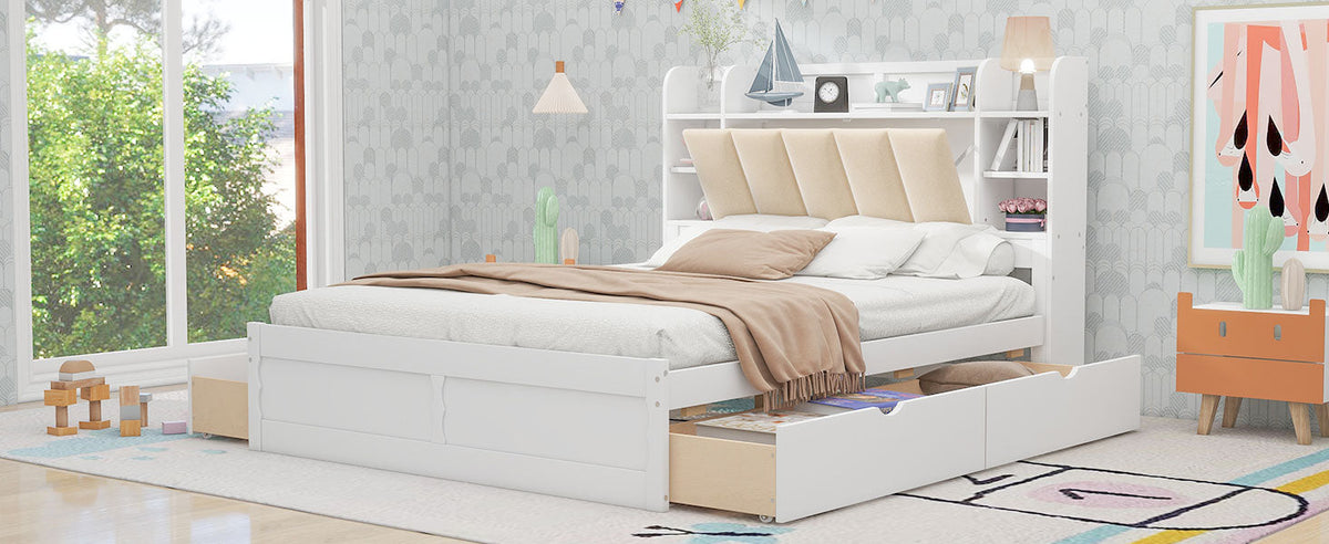 Wood Queen Size Platform Bed with Storage Headboard  Shelves and 4 Drawers  White