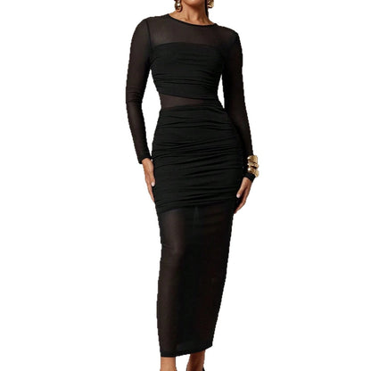 Womens Solid-Color Crew-Neck Mesh-Patchwork Bodycon Midi Skirt