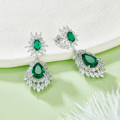 S925 Silver 8.8g 4.12ct Lab-Created Emerald Drop Earrings, 11x7mm & 6x4mm, Pair