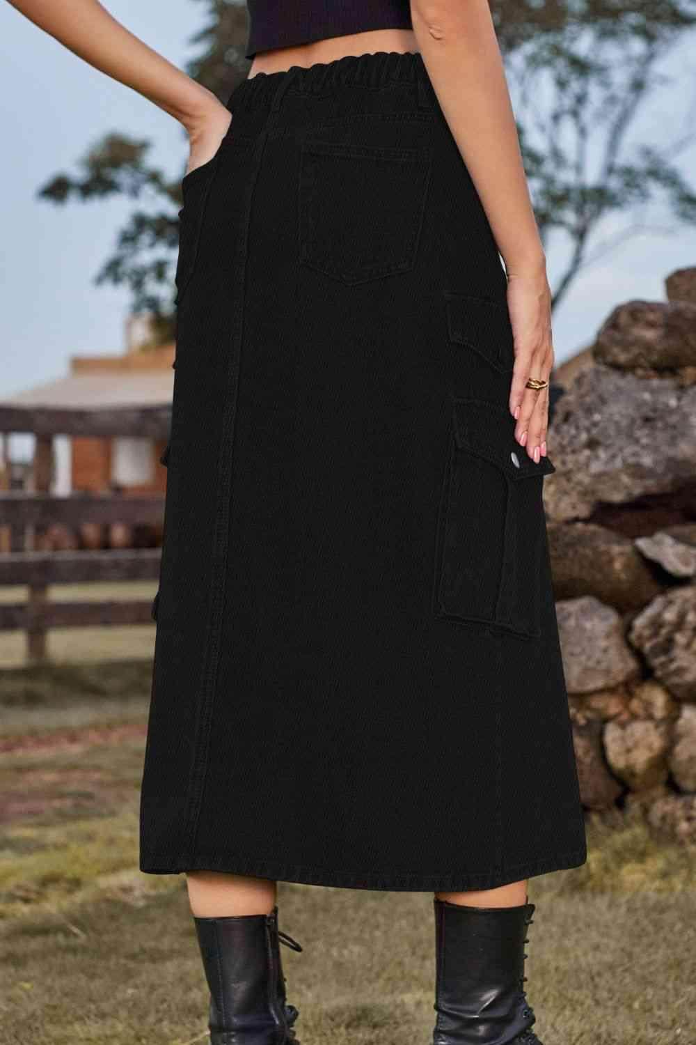 Slit Front Midi Denim Skirt with Pockets for Women