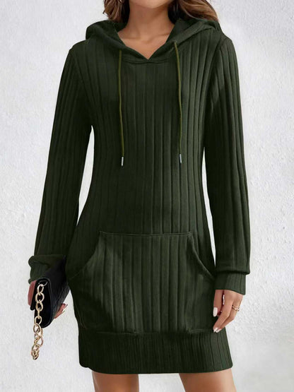 Knitted Hooded Ribbed Pocket Long-sleeve Dress