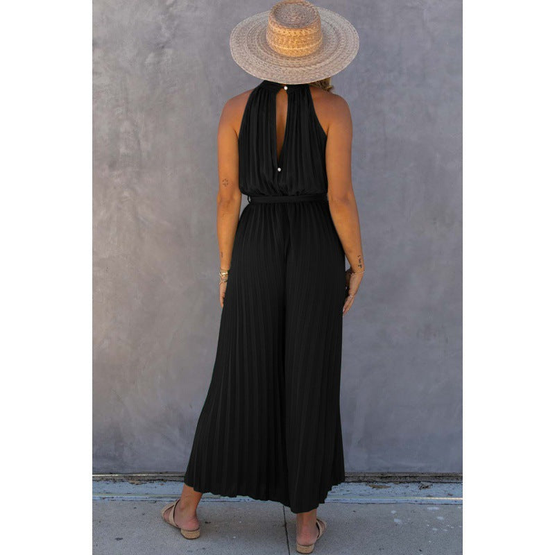 Off-shoulder Halterneck Pleated Jumpsuit