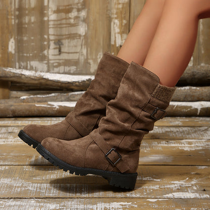Cuffed Pleated Knit Ankle Boots With A Round Toe And Square Heel For Women