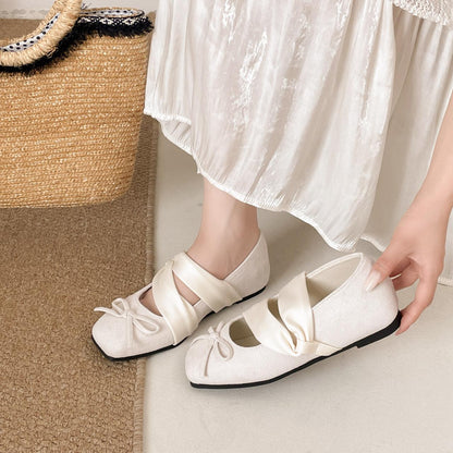 Women Fairy Sweet Double Wide Satin Crisscross Strap Mini Bow Ballet Flats