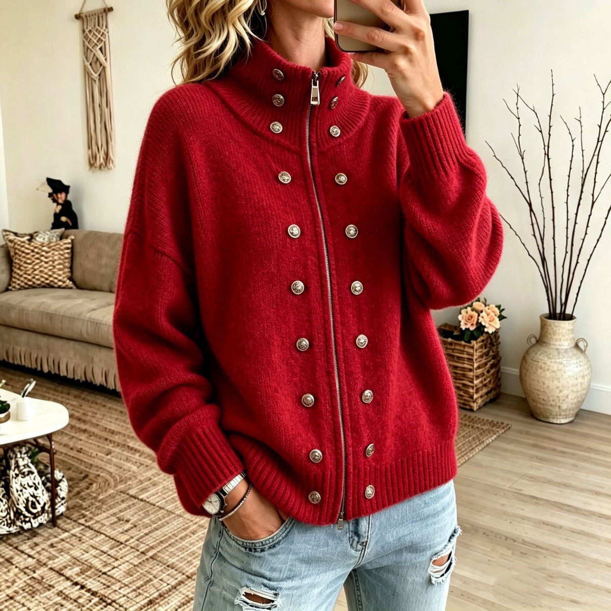 Women's Sweater Coat With Metal Buttons And Double Zippers