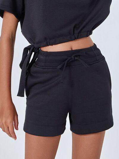 Drawstring Solid Color Shorts with Pockets for Women