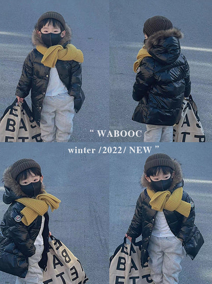 Autumn And Winter Children's Down Jacket Mid-length Big Fur Collar Thick Down Coat Glossy Winter Children's Clothing Wholesale