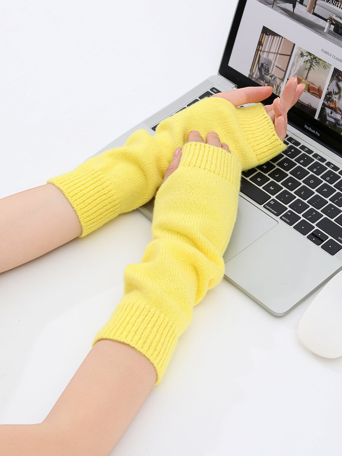 Winter Fashion Candy Color Neon Solid Long Knit Fingerless Thermal Gloves Arm Warmer For Girls Women