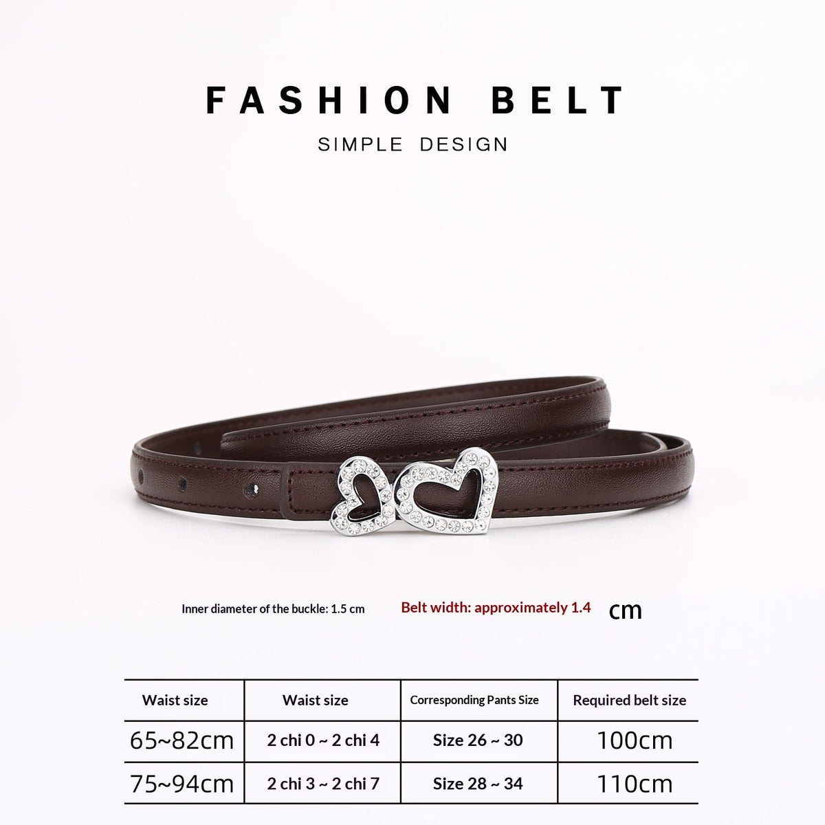 Genuine Cowhide Women's Slim Belt - Heart Shape Rhinestone Decorated Thin Waist Strap for Dress