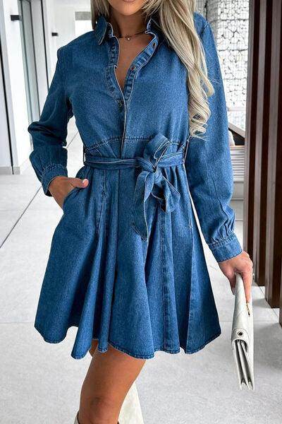 Tied Half Button Long Sleeve Denim Dress for Women