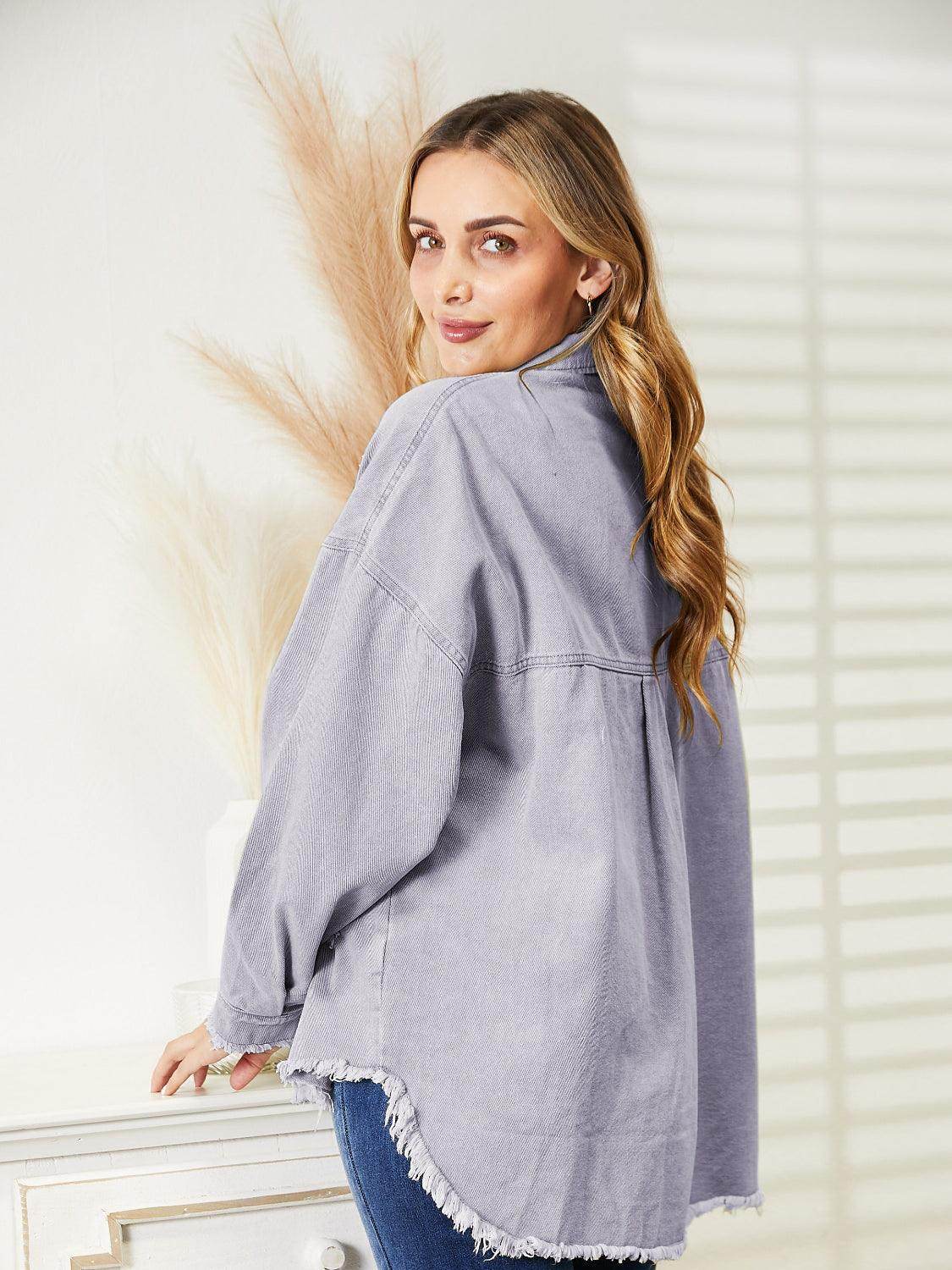 Distressed Raw Hem Denim Jacket for Relaxed Fit Style