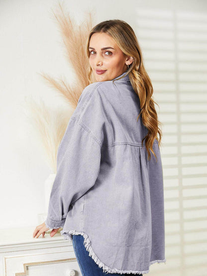 Distressed Raw Hem Denim Jacket for Relaxed Fit Style