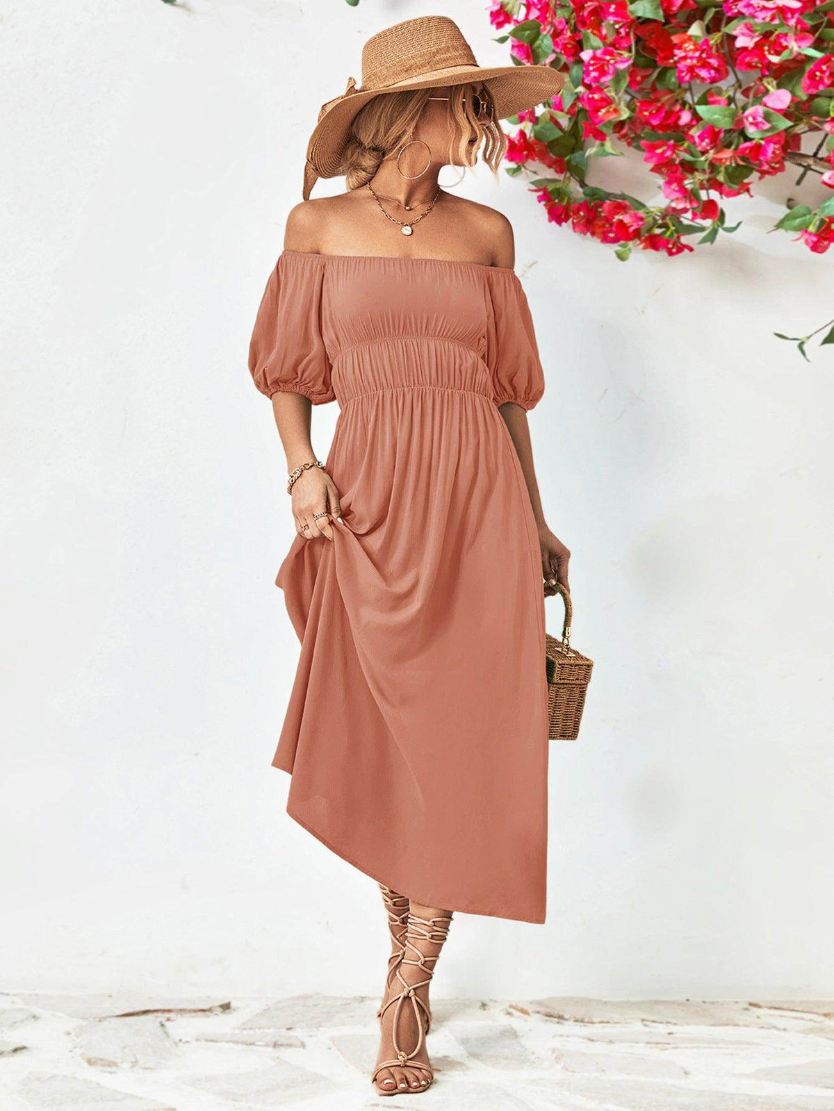 Off-Shoulder Balloon Sleeve Midi Dress for Chic Style