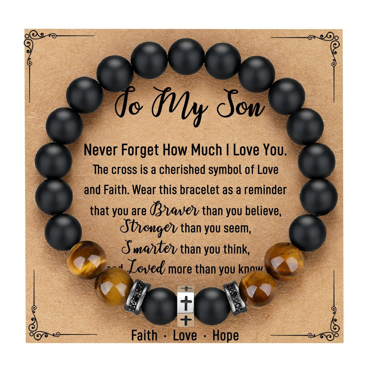 Tigers Eye Stone And Stainless Steel Cross Beaded Bracelet