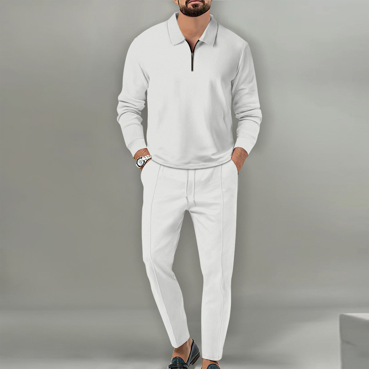Waffle Solid Color Zipper Long Sleeve Trousers Suit Men