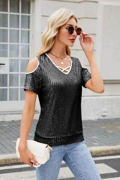 Sequin Crisscross V-Neck Cold Shoulder Blouse for Women