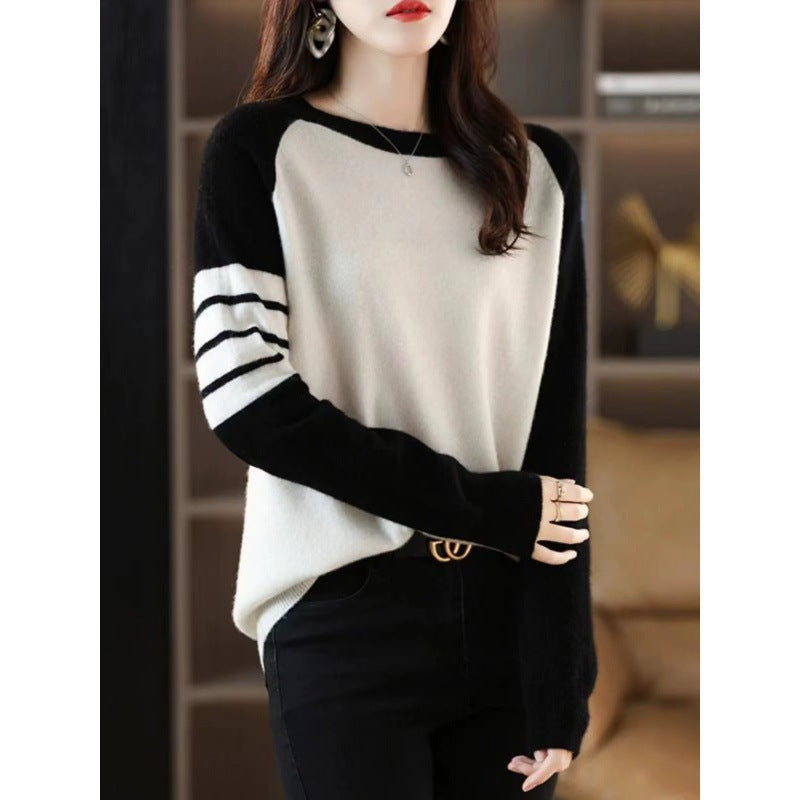 Round-neck Color-block Sweater Womens Top