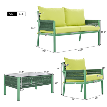 Outdoor Furniture with Tempered Glass Table,  Set Deep Seating with Thick Cushion  (Fluorescent Yellow & Green)