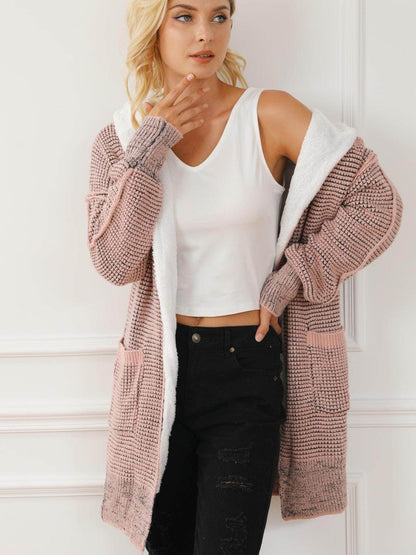 Open Front Hooded Winter Coat with Pockets for Women