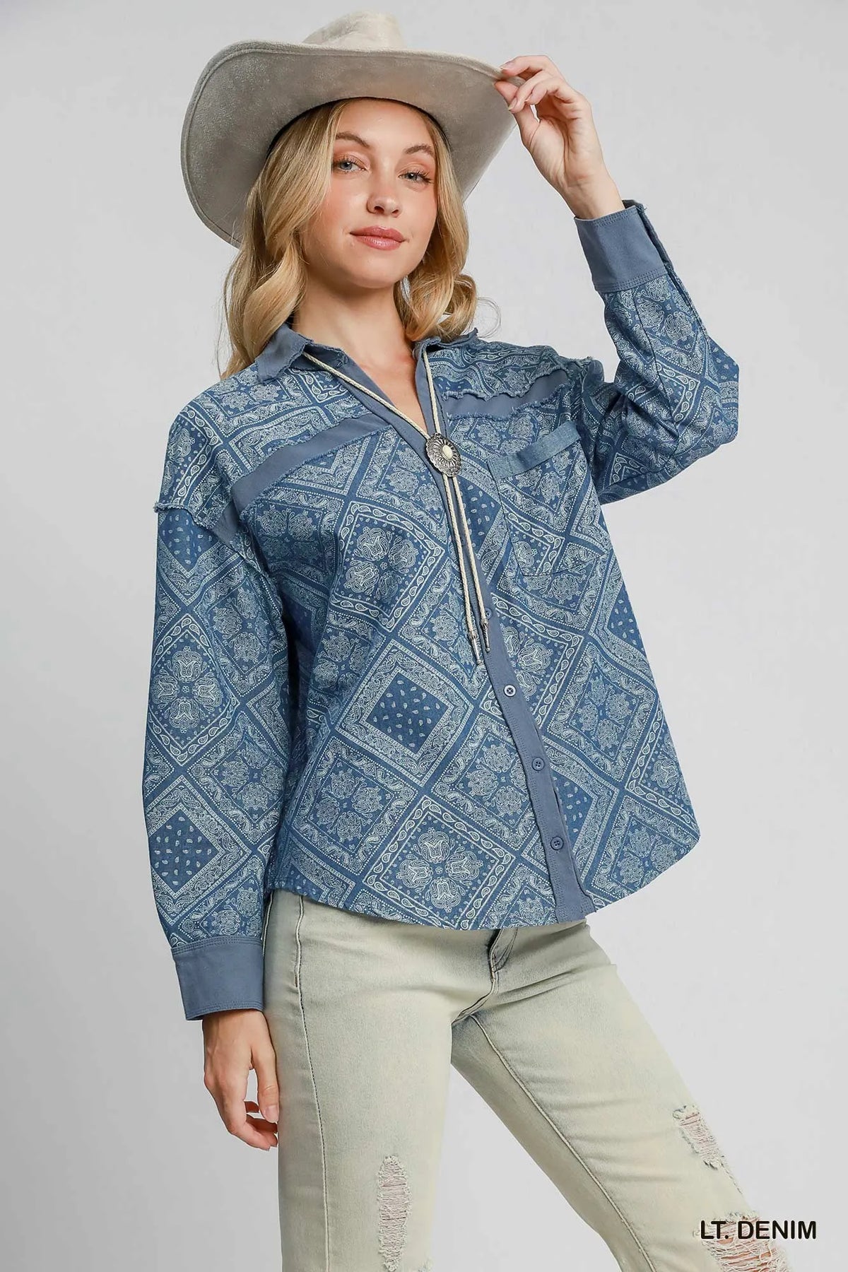 Umgee Paisley Print Denim Shirt Jacket
