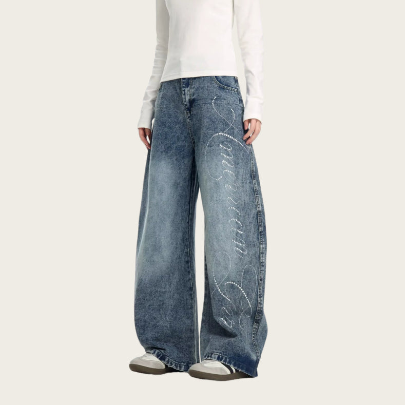 American-style Vintage Letter-embellished Rhinestone Dagger Jeans